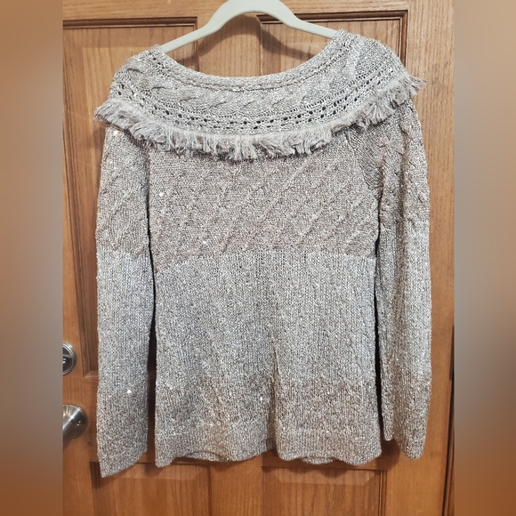 White House Black Market Fringe Sequin Metallic Colorblock Sweater Size M - Picture 3 of 8